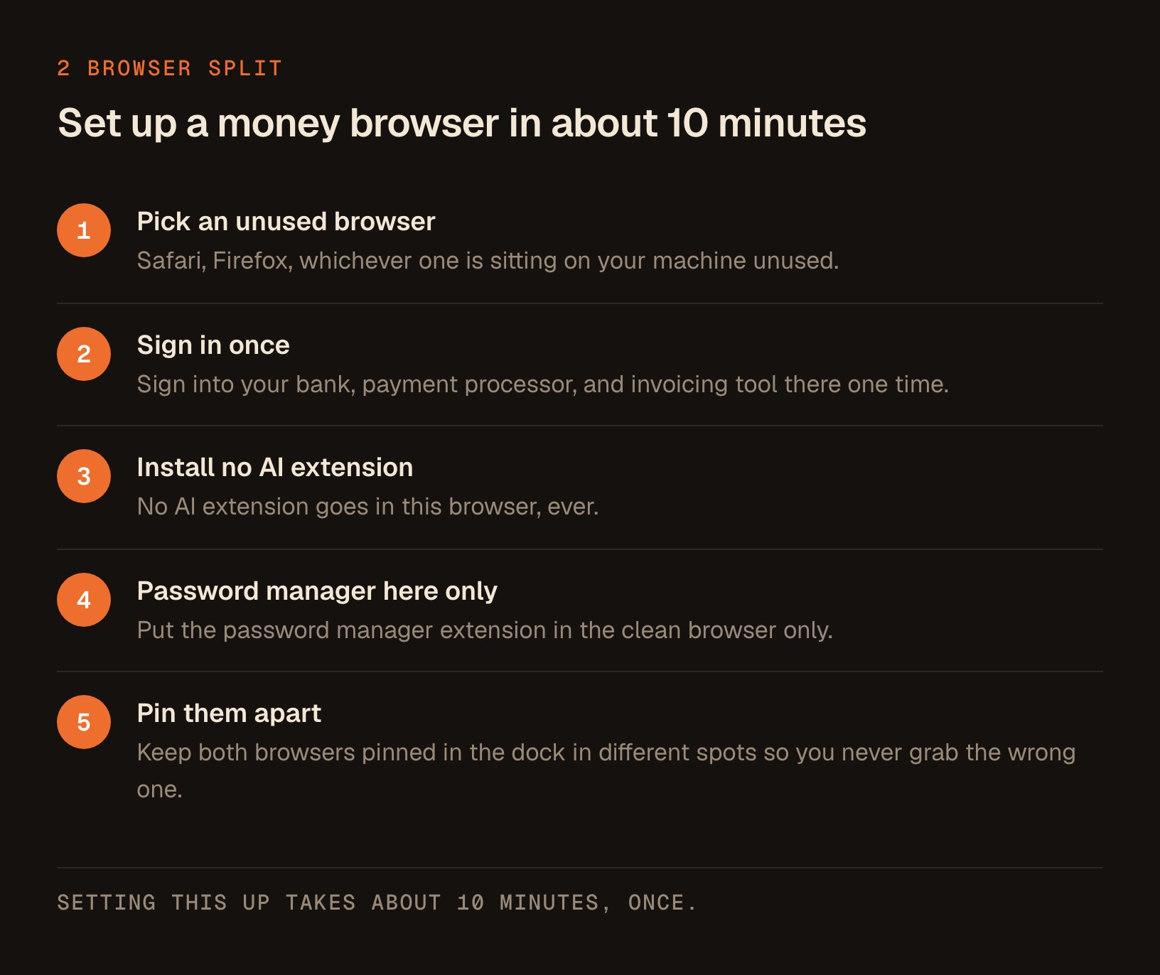 5 steps for setting up a separate clean browser that handles money only, with no AI extension installed.