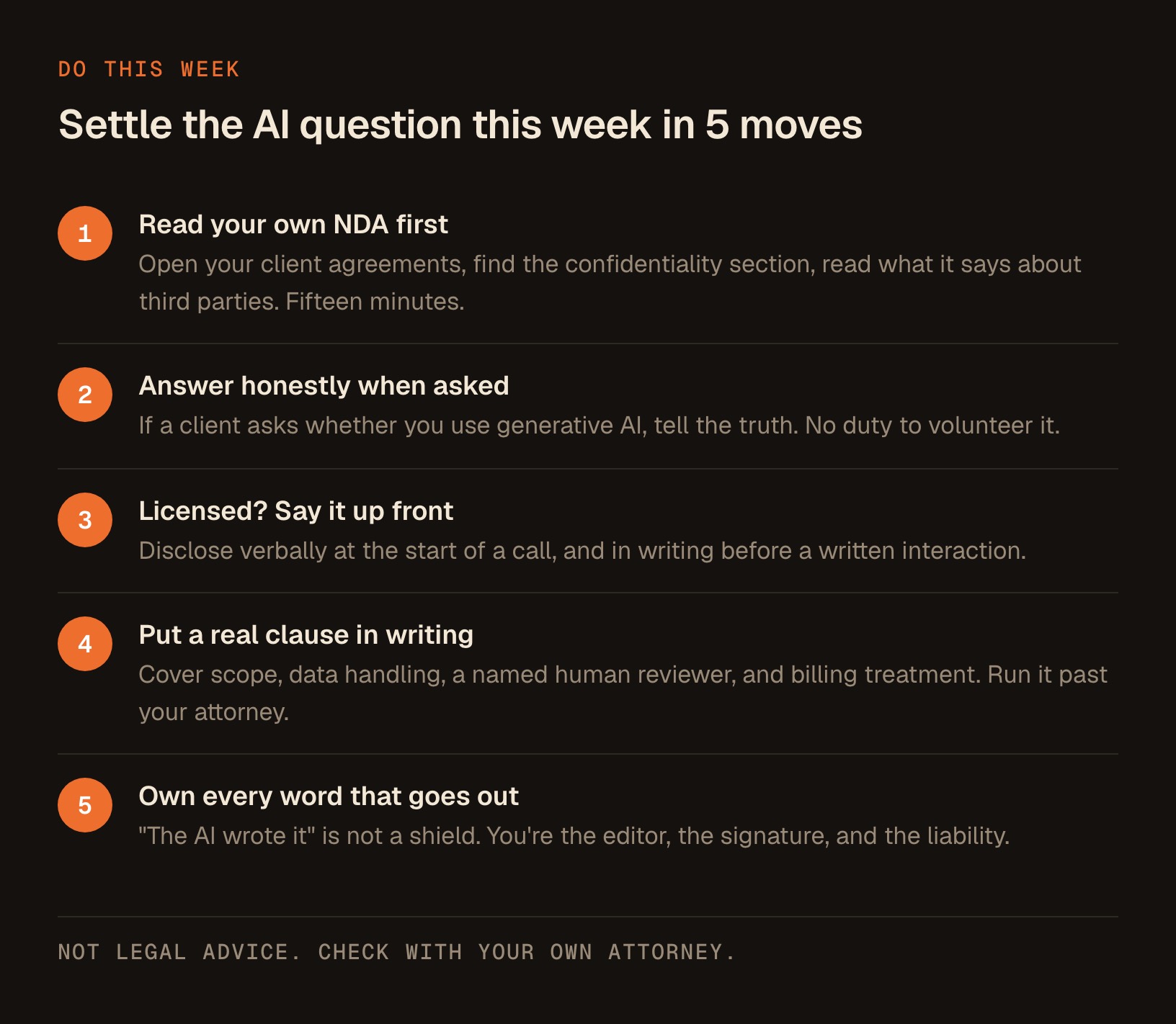 A 5-step flow that starts with reading your own confidentiality clause and ends with disclosing your AI use before anyone asks.