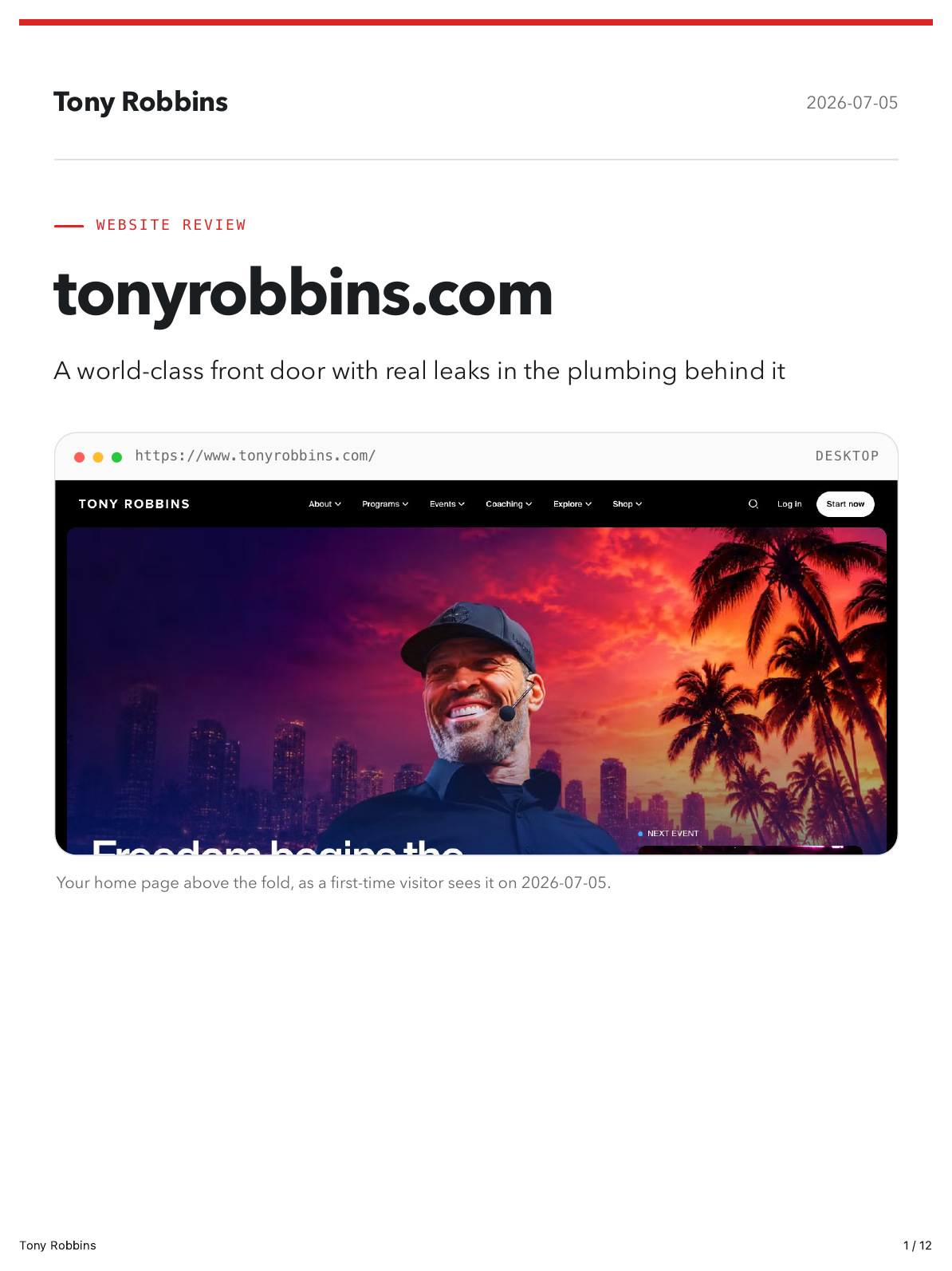 A branded website audit for tonyrobbins.com: the domain, the overall score, and a real screenshot of the homepage