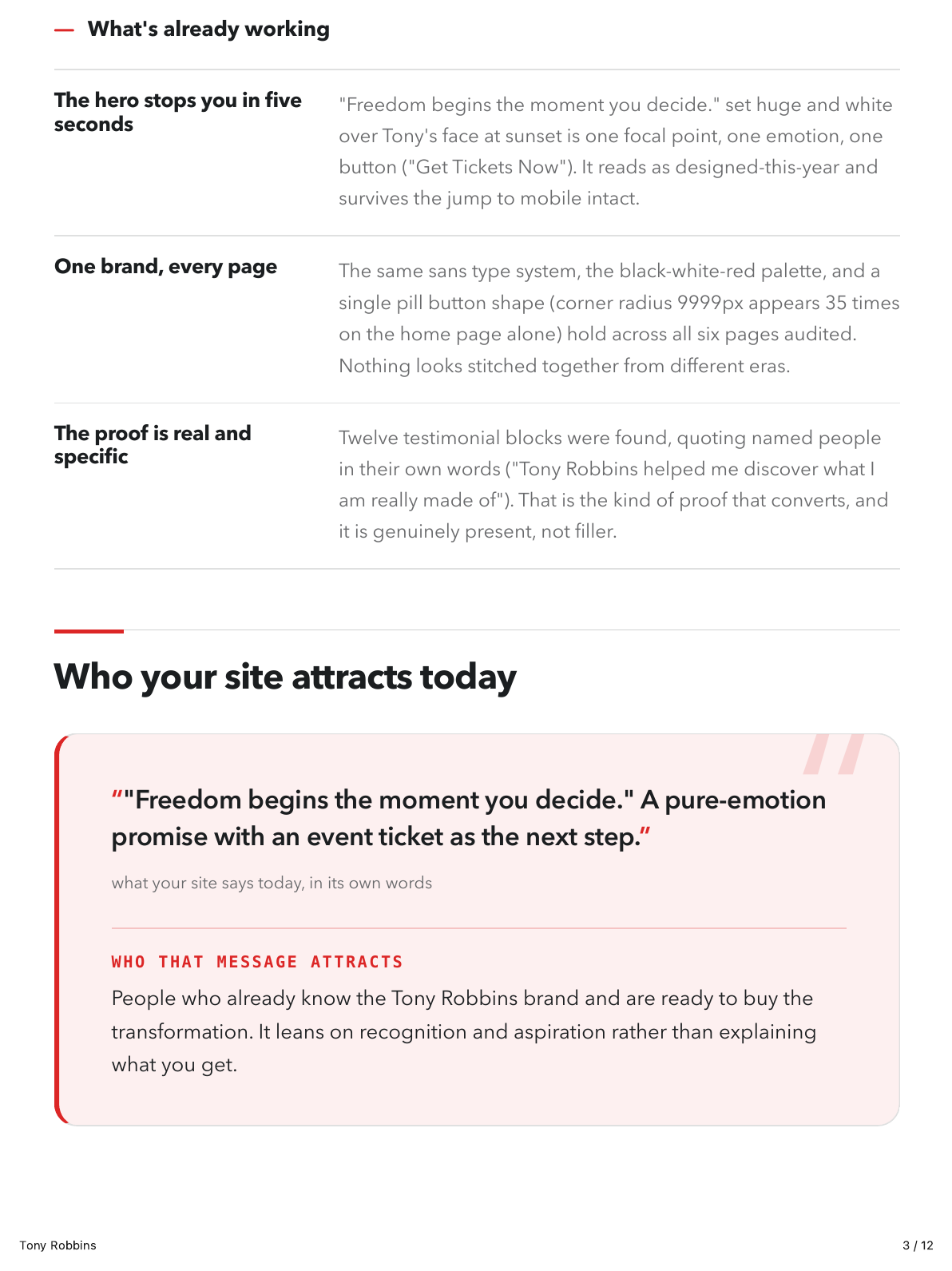 The audit's strengths section: what is already working on the site, and who the current message attracts