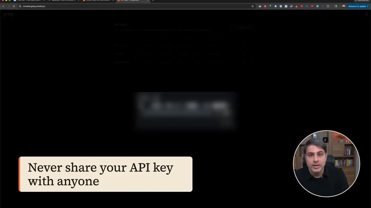 An API key blurred beyond reading on a dark settings page, with the callout "Never share your API key with anyone"