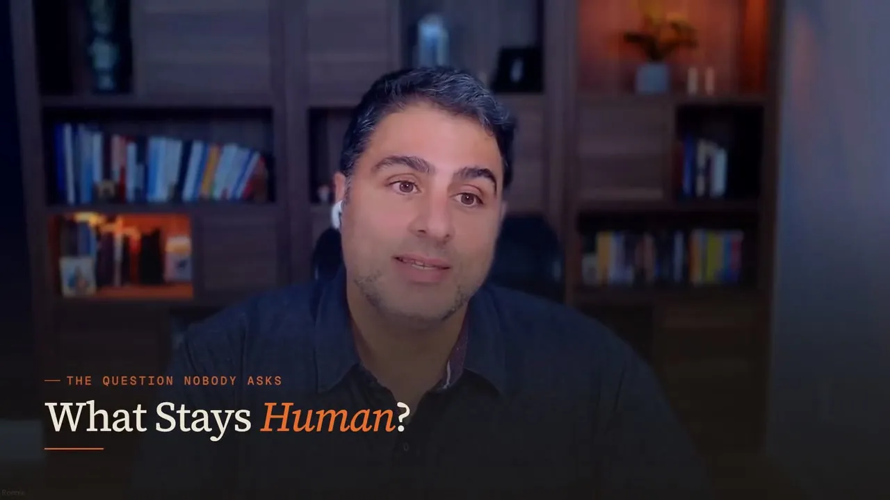 A talking-head interview with the title card "What Stays Human?" added along the bottom