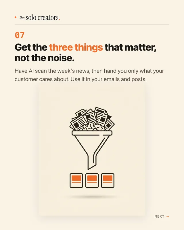 Slide 7: "Get the three things that matter, not the noise." with a funnel of newspapers