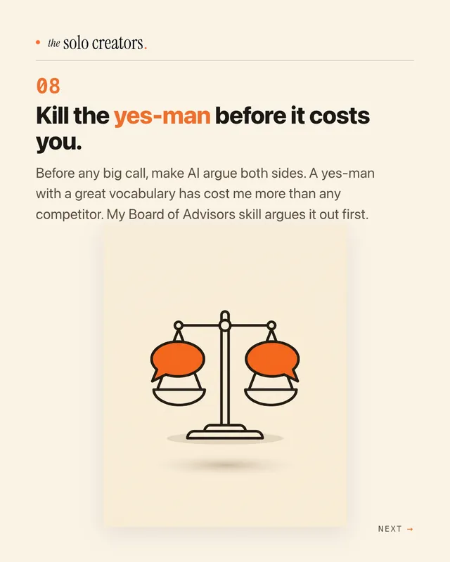 Slide 8: "Kill the yes-man before it costs you." with a balance scale of speech bubbles