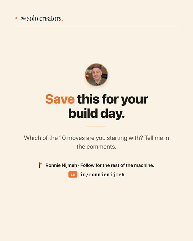 Closing slide: "Save this for your build day." with Ronnie Nijmeh's photo and LinkedIn handle
