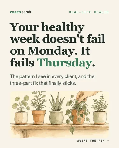 Cover slide: "Your healthy week doesn't fail on Monday. It fails Thursday." with watercolor potted plants