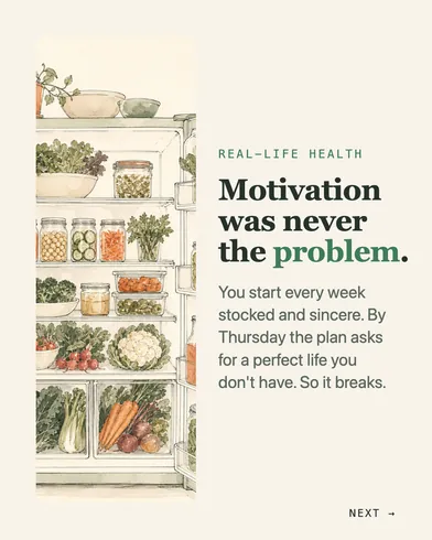 Slide: "Motivation was never the problem." with a watercolor of a stocked fridge