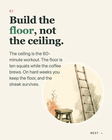 Slide 2: "Build the floor, not the ceiling." with a watercolor ladder