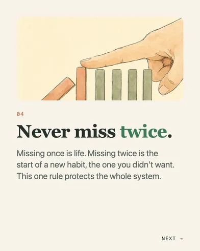 Slide 4: "Never miss twice." with a watercolor hand and blocks