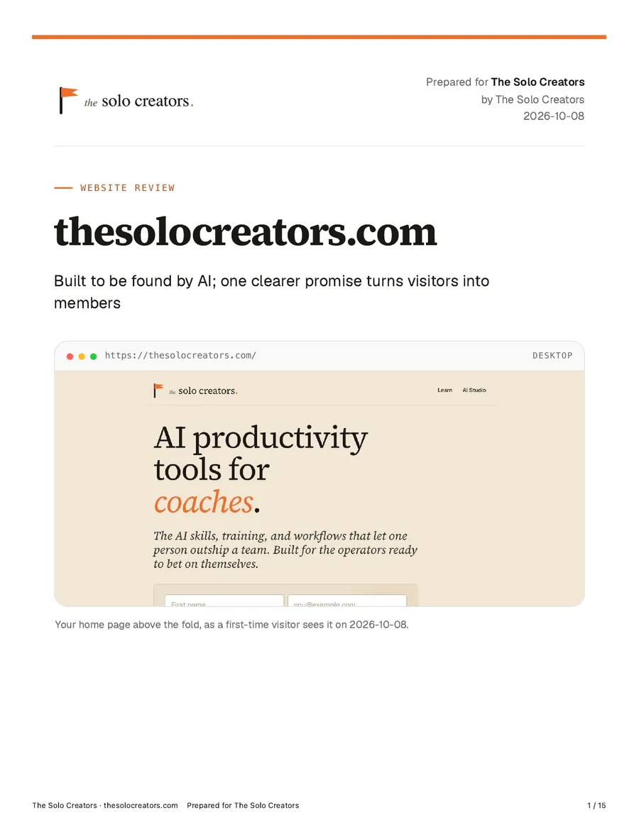 Page 1 of the website audit client report: the cover for thesolocreators.com, with the home page above the fold