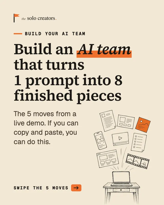 Carousel slide: cover, "Build an AI team that turns 1 prompt into 8 finished pieces", with a hand-drawn desk of documents