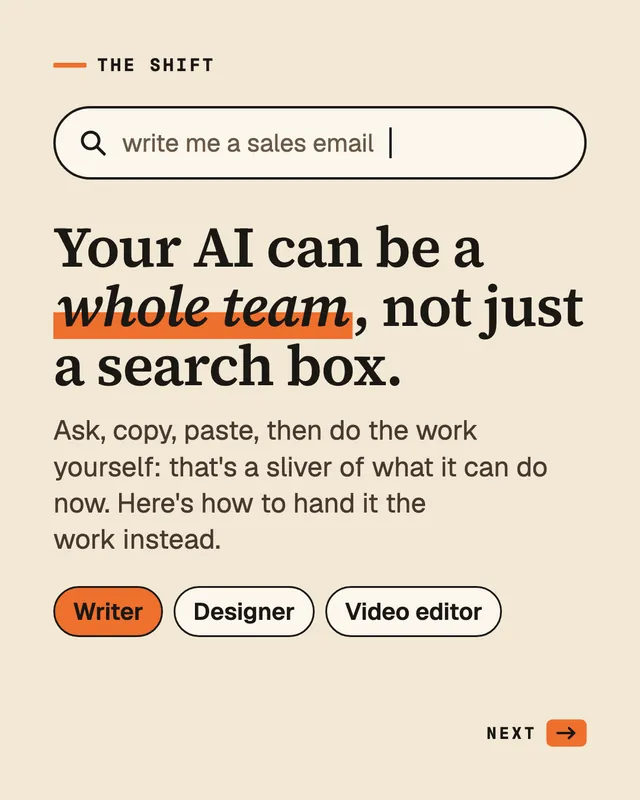 Carousel slide: "Your AI can be a whole team, not just a search box."
