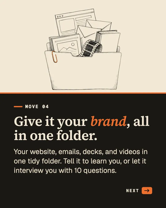 Carousel slide: Move 04, "Give it your brand, all in one folder."