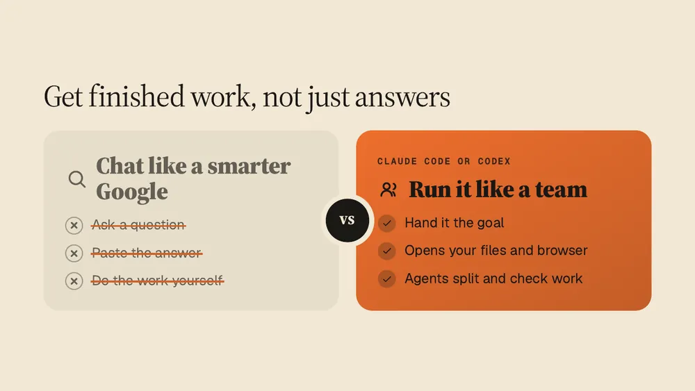 Slide 4 of the teaching deck: "Get finished work, not just answers", chat against a team