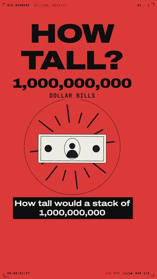 Kinetic Type style: bold type on red asking how tall a stack of a billion dollar bills would be