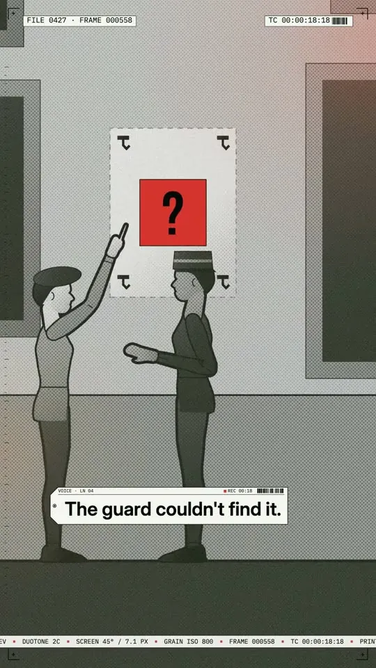 Editorial Collage style: a collage of two museum guards beside an empty frame with a question mark