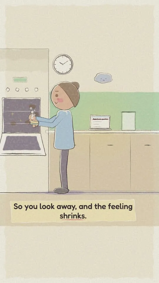 Storybook style: a storybook kitchen with the caption "So you look away, and the feeling shrinks."