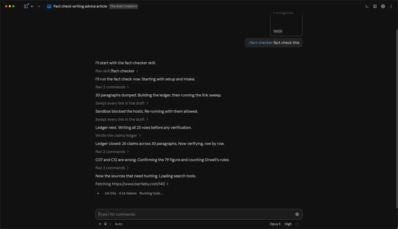 Fact Checker running in the Claude Code desktop app: it numbers 30 paragraphs, sweeps every link, writes the claims ledger, then verifies row by row