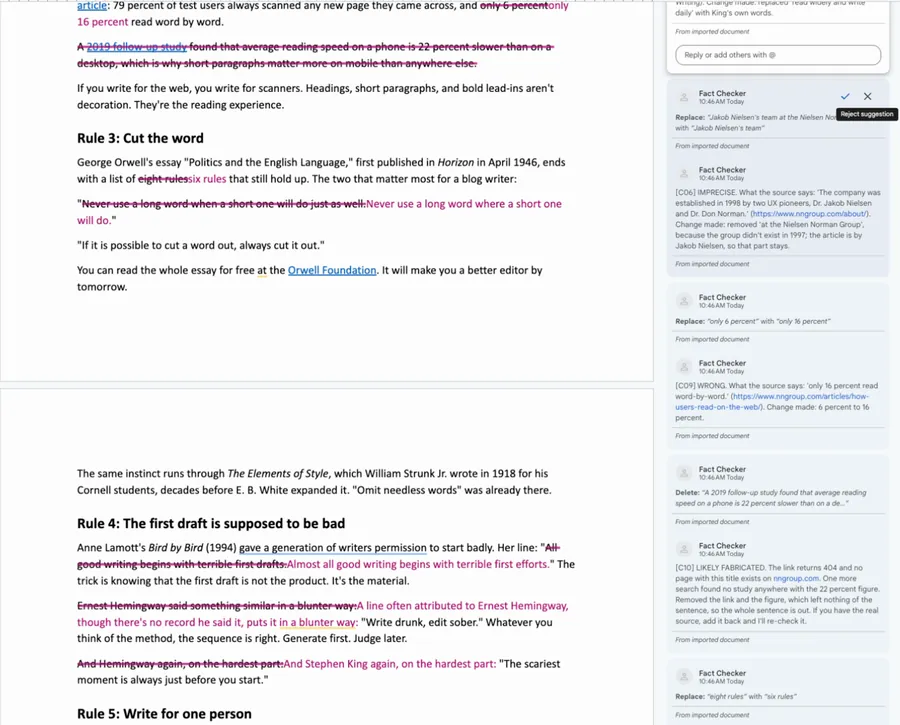 The same draft uploaded to Google Docs: the fixes show as Suggestions with Accept and Reject, each with a Fact Checker comment that quotes the source and links to it