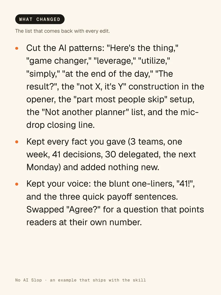 The What changed list: the AI patterns it cut, every fact it kept, and the voice it kept