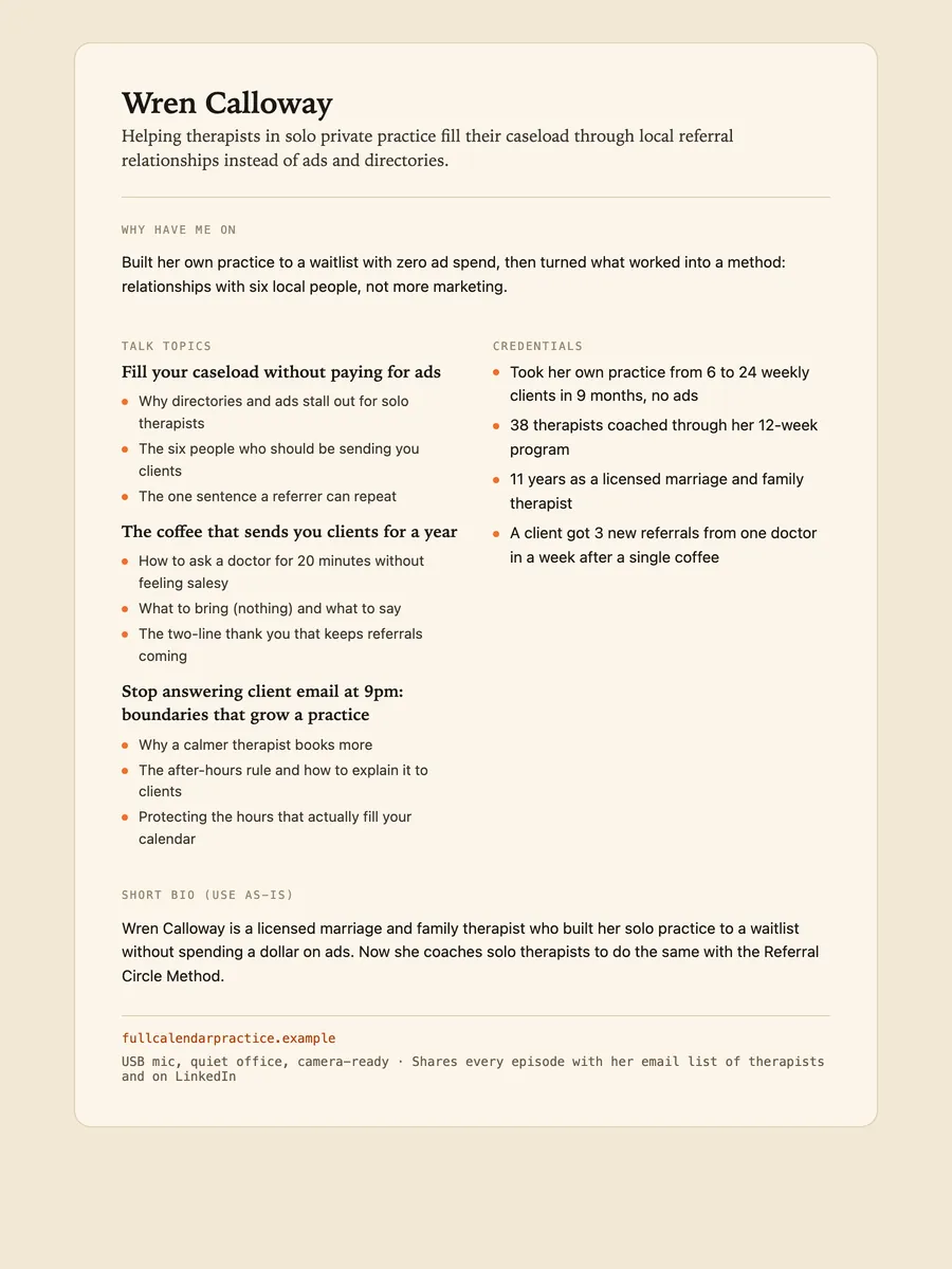 A printable guest one-sheet for Wren Calloway with her talk topics, credentials and a short bio