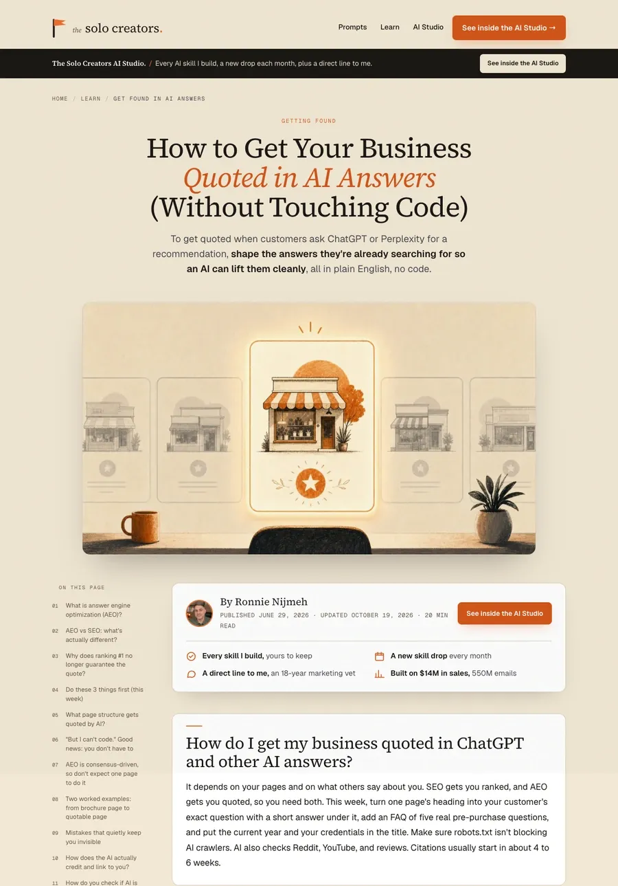First page of the guide "How to Get Your Business Quoted in AI Answers (Without Touching Code)"