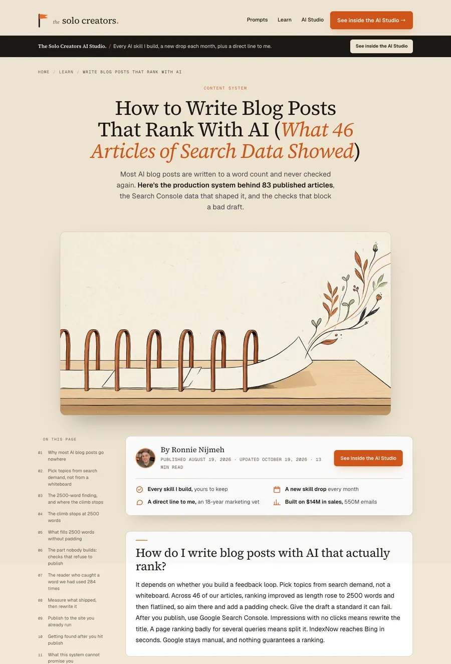 First page of the guide "How to Write Blog Posts That Rank With AI (What 46 Articles of Search Data Showed)"