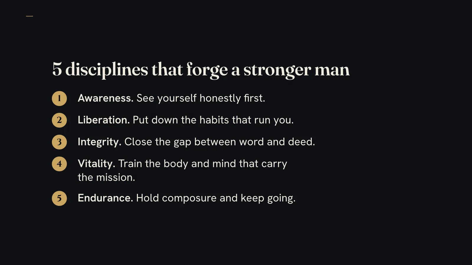 Steps: "5 disciplines that forge a stronger man", numbered from Awareness to Endurance