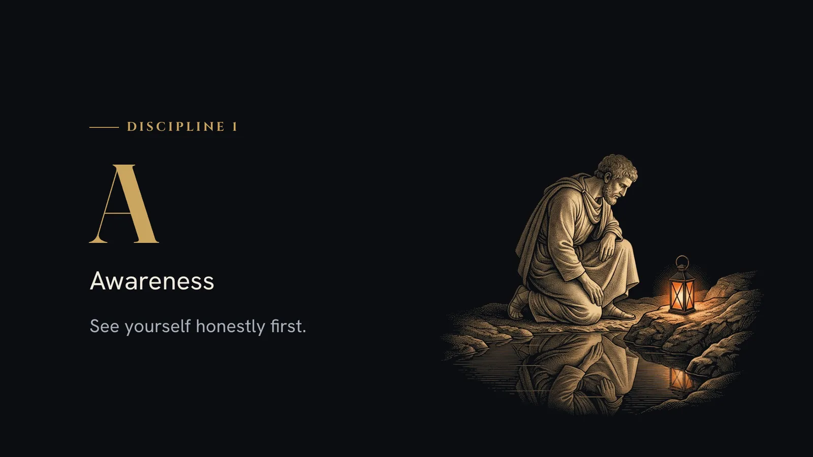A big letter: "A, Awareness. See yourself honestly first.", beside a kneeling figure with a lantern