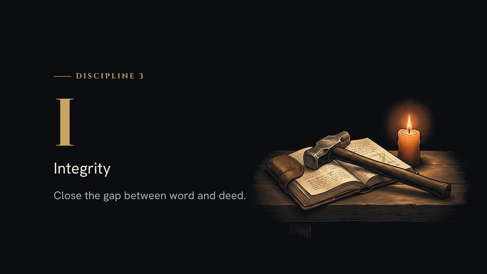 A big letter: "I, Integrity. Close the gap between word and deed.", beside a hammer, a book and a candle