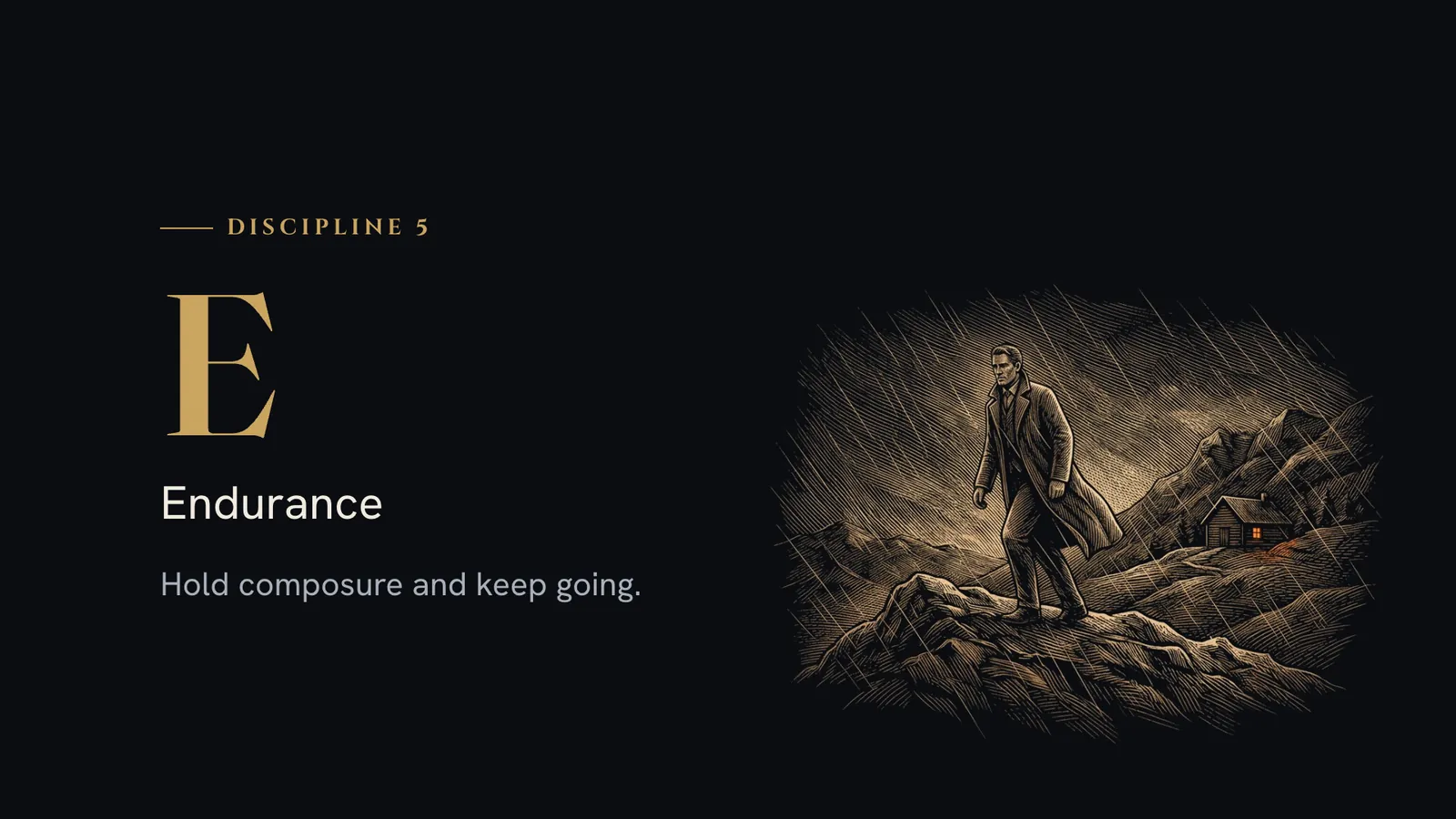 A big letter: "E, Endurance. Hold composure and keep going.", beside a man walking into the wind