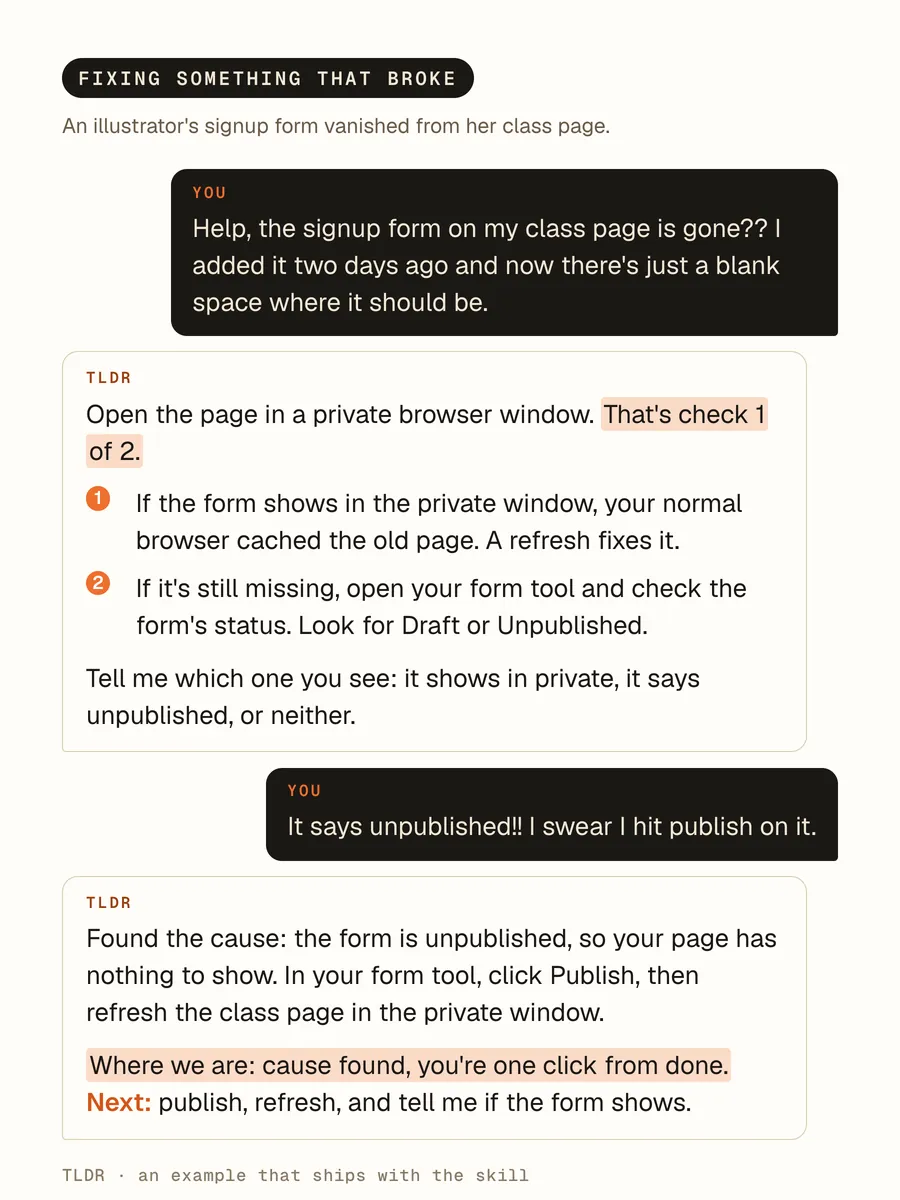 A missing signup form: TLDR gives two checks, then names the cause and says "Where we are: cause found, you're one click from done"