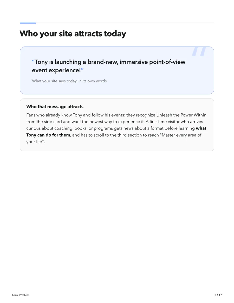 Who the site attracts today, quoting its current home page headline