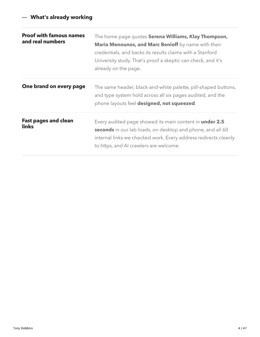 What is already working on the site: proof with famous names, one brand on every page, fast pages and clean links