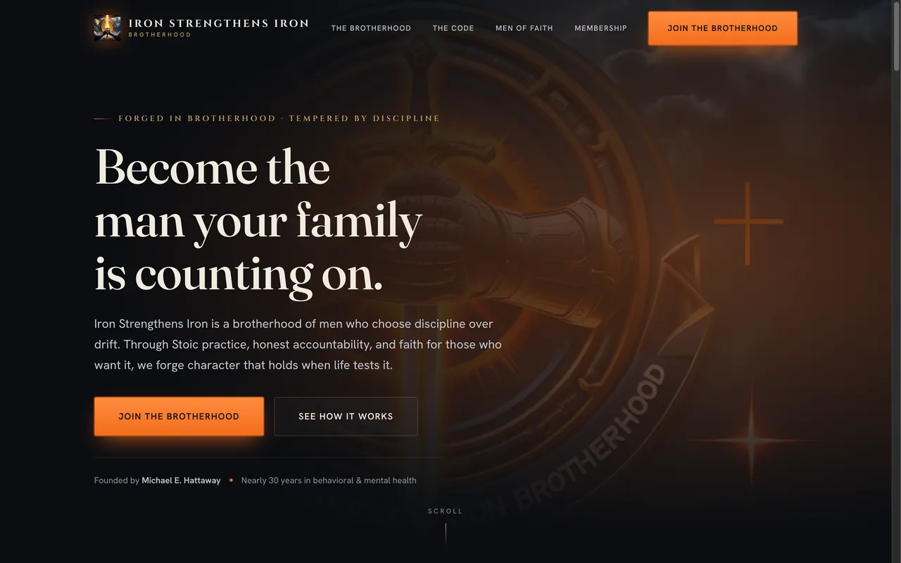 The new home page on a desktop: "Become the man your family is counting on," with Join the Brotherhood and See How It Works buttons