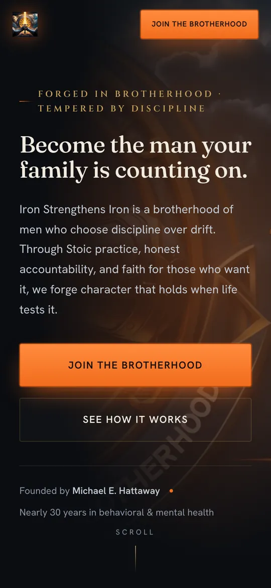 The new home page on a phone, with the headline, the intro and two full-width buttons