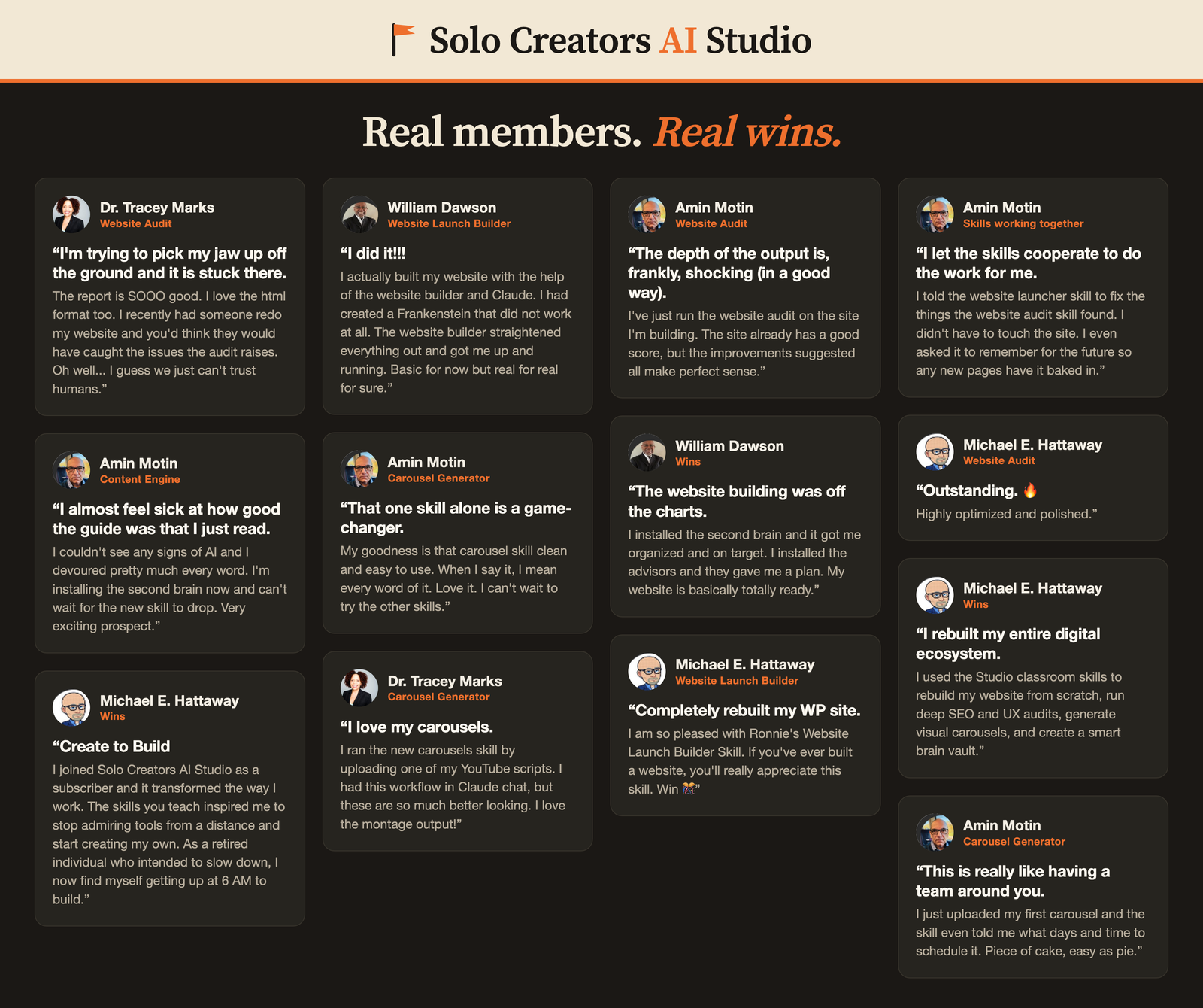 Real member wins from the Solo Creators AI Studio: members praising the Website Audit, Carousel Generator, Website Launch Builder, Content Engine, Second Brain, and Board of Advisors skills.
