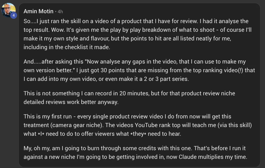 Amin Motin in the Solo Creators community: 30 points missing from the top ranking video that I can add into my own, now Claude multiplies my time